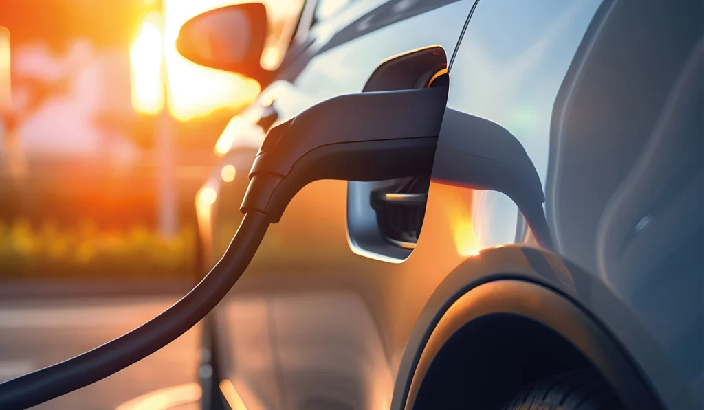 Electric vehicle connected to a charging station